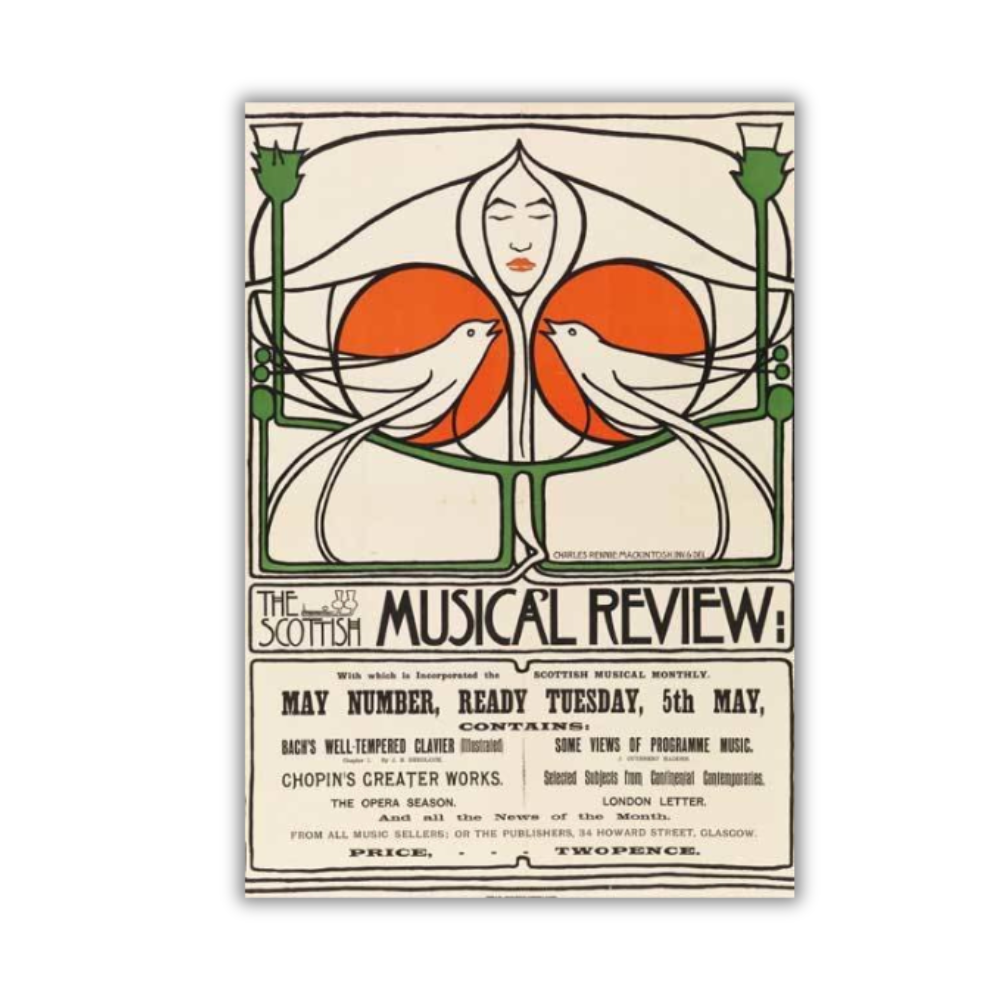 A greeting card featuring Charles Rennie Mackintosh's 1896 poster design for The Scottish Musical Review with bold linework and organic forms.