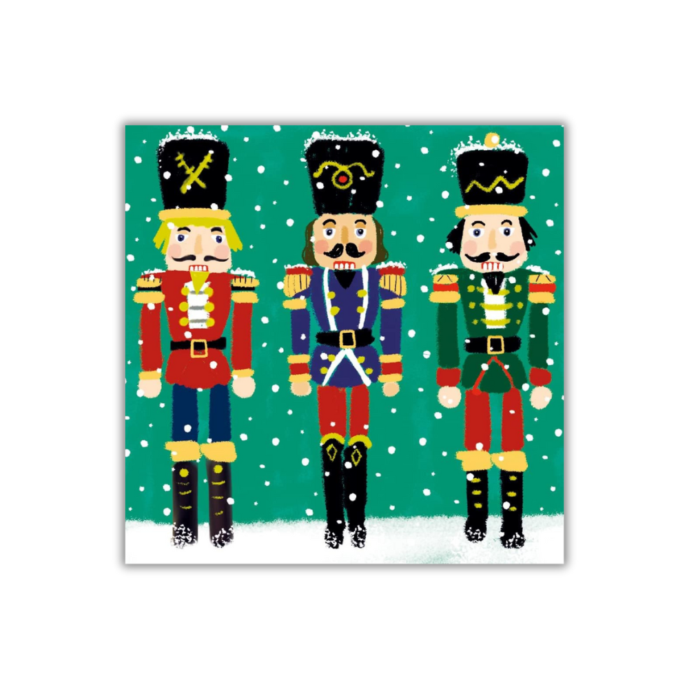 A set of three Christmas cards featuring illustrations of snowmen in red, blue, and green uniforms with the text 'Season's Greetings' on a green background, sold in aid of Macmillan Cancer Support.