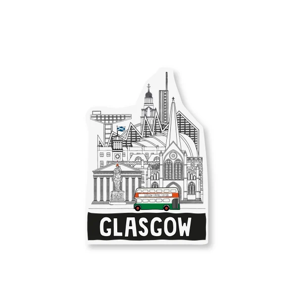 A sticker featuring a illustrated skyline of Glasgow, with iconic landmarks such as the Glasgow School of Art, the Glasgow University Library, and a green double-decker bus.