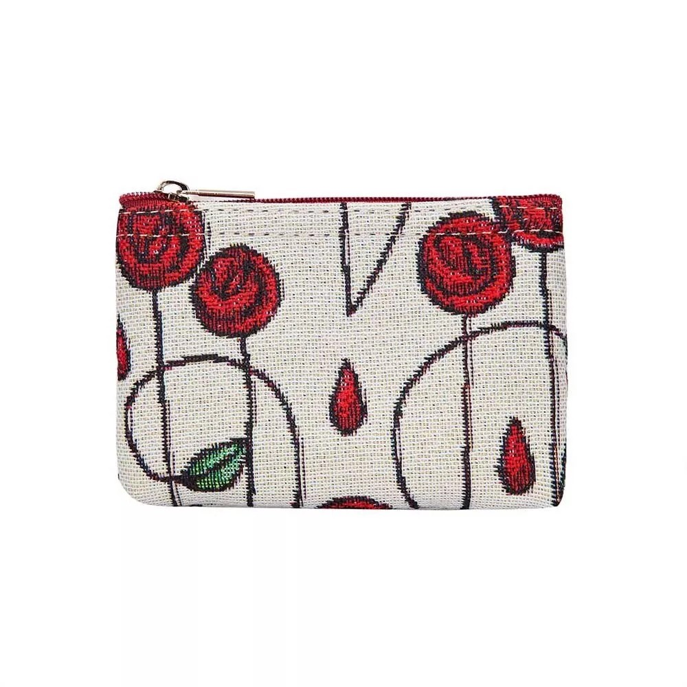 A zip coin purse featuring a floral rose design in red and green on a beige background, with a secure zip-top closure.