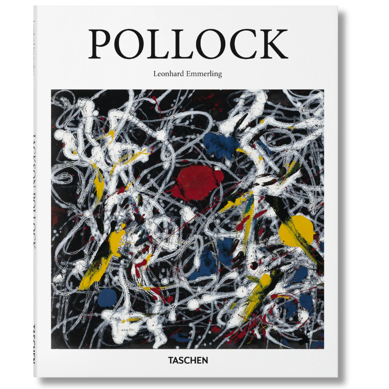 Cover of the book 'Pollock' by Taschen, featuring an abstract painting with a mix of black, red, white, and yellow lines and splatters.
