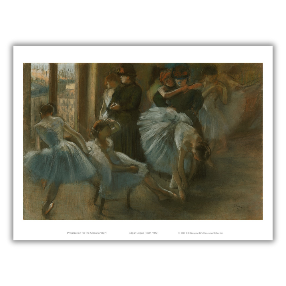 A print of 'Preparation for the Class' by Edgar Degas, depicting ballet dancers in a practice room.