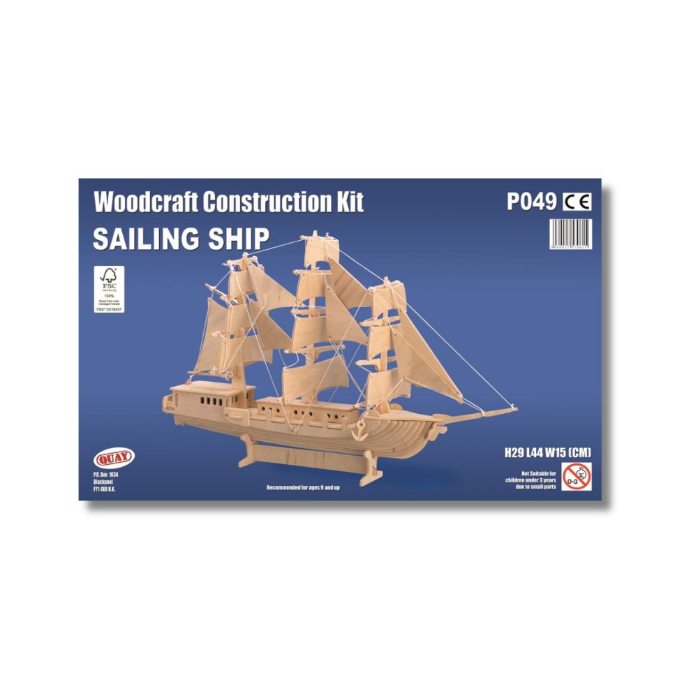 A packaged 'Sailing Ship Woodcraft Construction Kit' with a model of a sailing ship on the front, labeled as P049C, and indicated as an FSC certified product.