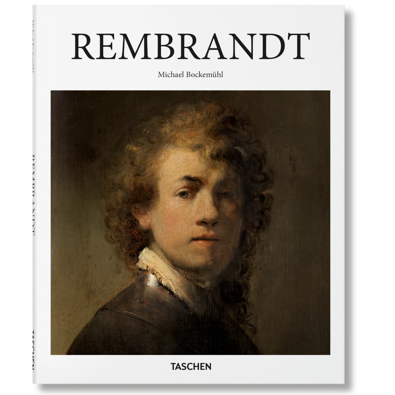 Cover of the book 'Rembrandt' by Michael Bockemüh, featuring a self-portrait by Rembrandt with a white and black jacket.