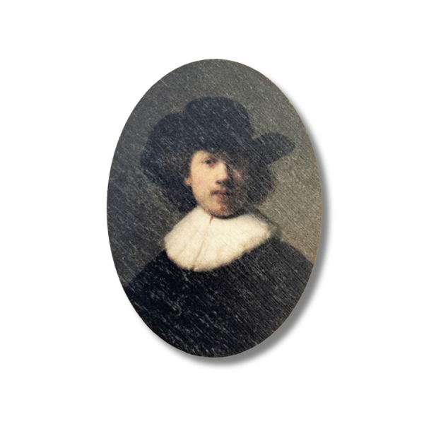 Oval wooden magnet with a printed self-portrait of Rembrandt featuring a man with a hat and a white ruff.