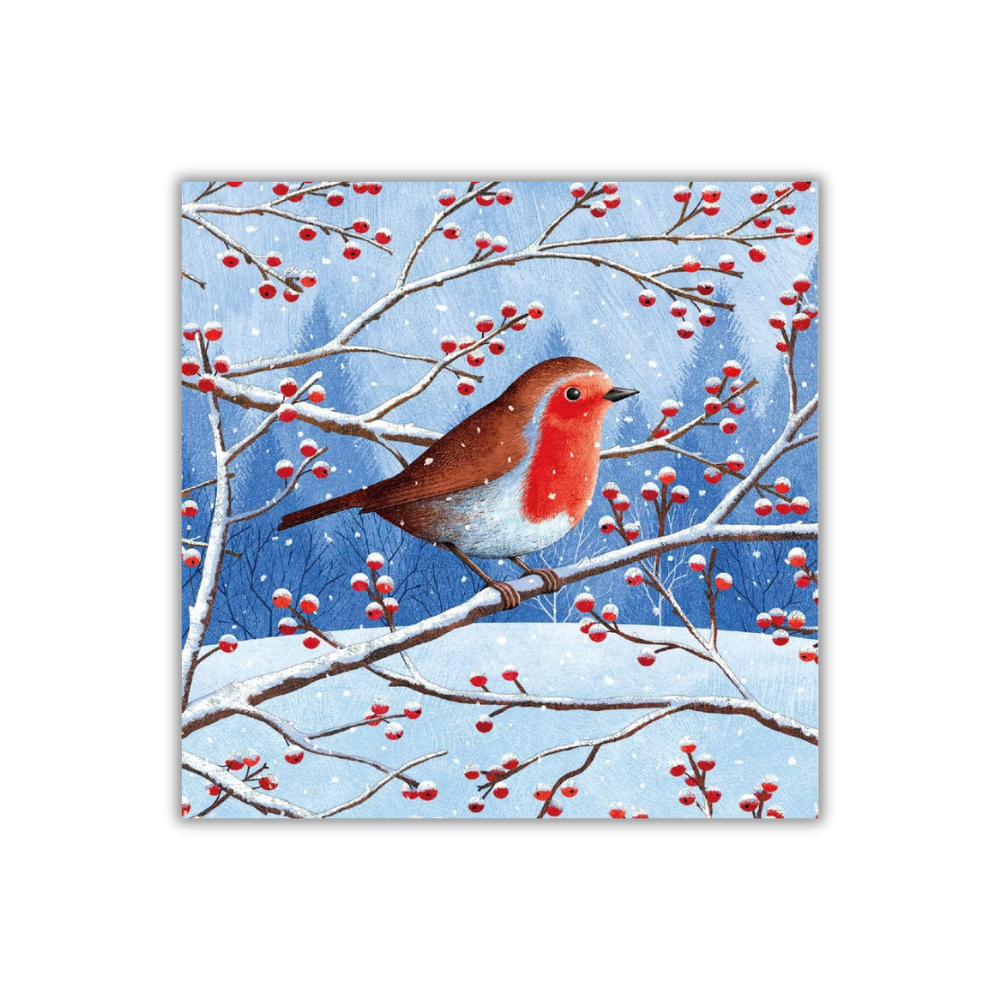 A Christmas card featuring a colorful illustration of a bird with red and white berries on a branch, against a snowy background.
