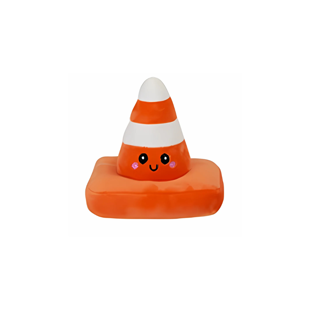 A plush toy in the shape of a traffic cone with an animated face at the top, primarily orange with a white base.