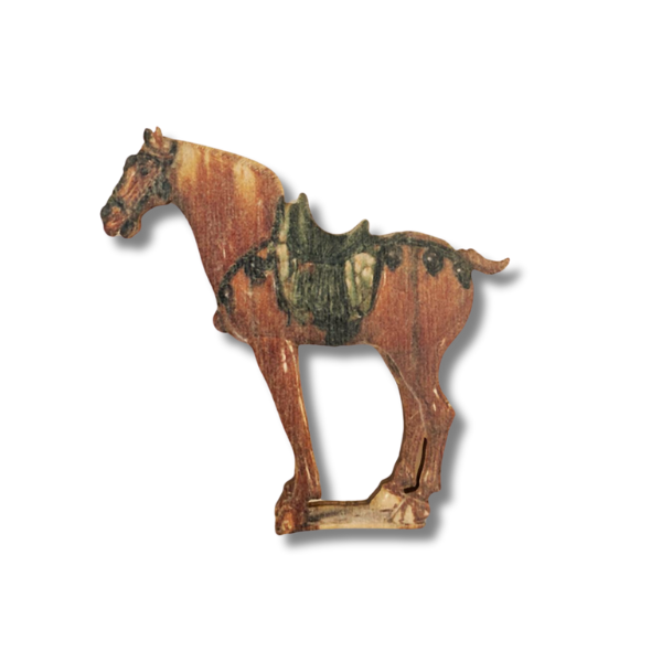 A wooden magnet shaped like a porcelain horse from the Tang Dynasty, with a brown and beige color scheme.