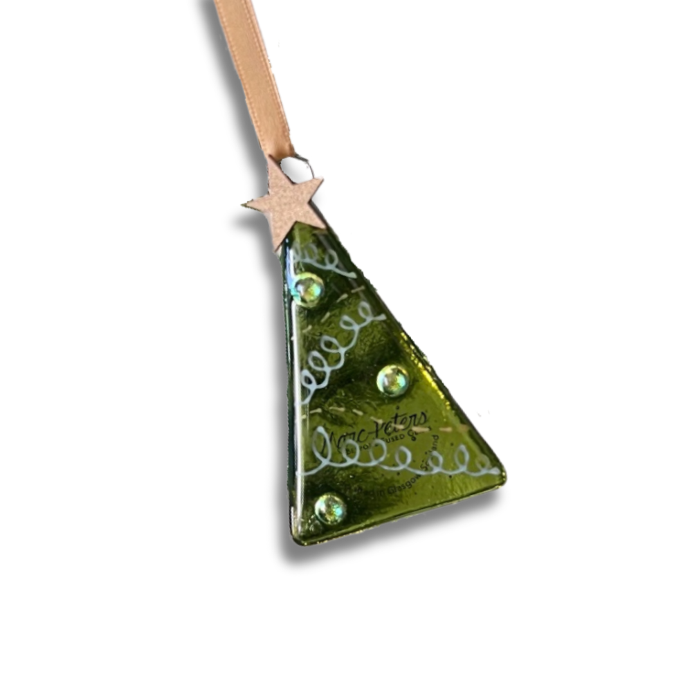 A bespoke fused glass Christmas tree decoration with metallic details and a high quality double sided gold satin ribbon.