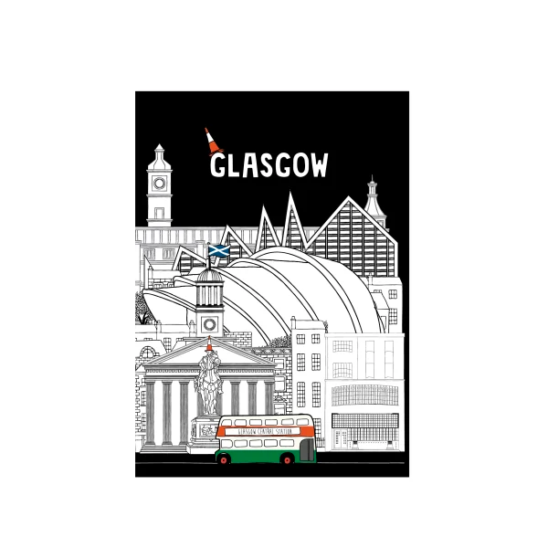 Cover of the 'Big City Glasgow - A5 Notebook' featuring a stylized illustration of Glasgow's iconic landmarks and symbols against a black background.