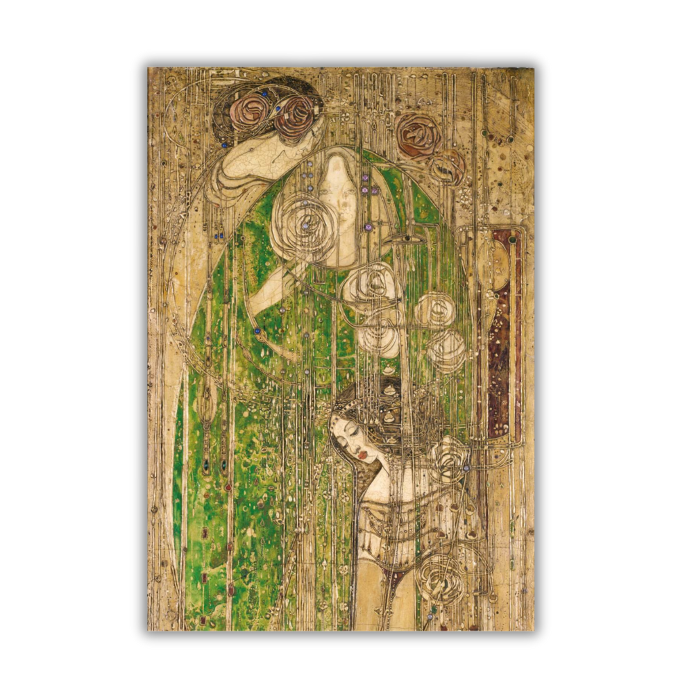 A greetings card featuring a green and gold embossed and foiled design with floral elements and abstract human figures.
