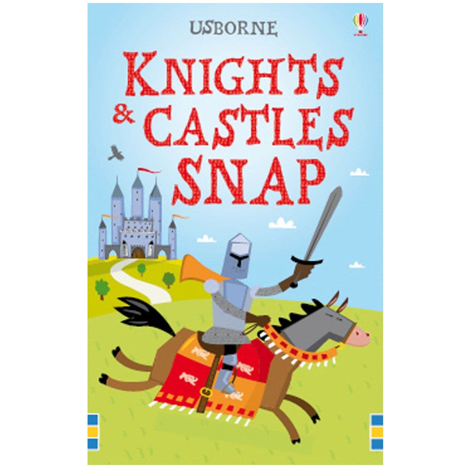 A colorful book cover for 'Knights & Castles Snap' featuring a knight in a red and yellow outfit riding a horse with a castle in the background. The book is for children aged 3-5.