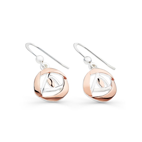 A pair of sterling silver earrings with rose gold plating, designed in a circular intertwined pattern.