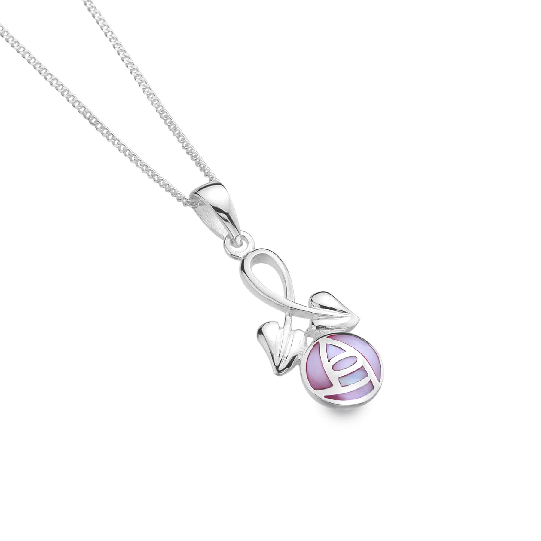 A sterling silver necklace with a pink MOP gem set rose and leaves pendant, featuring a silver chain.