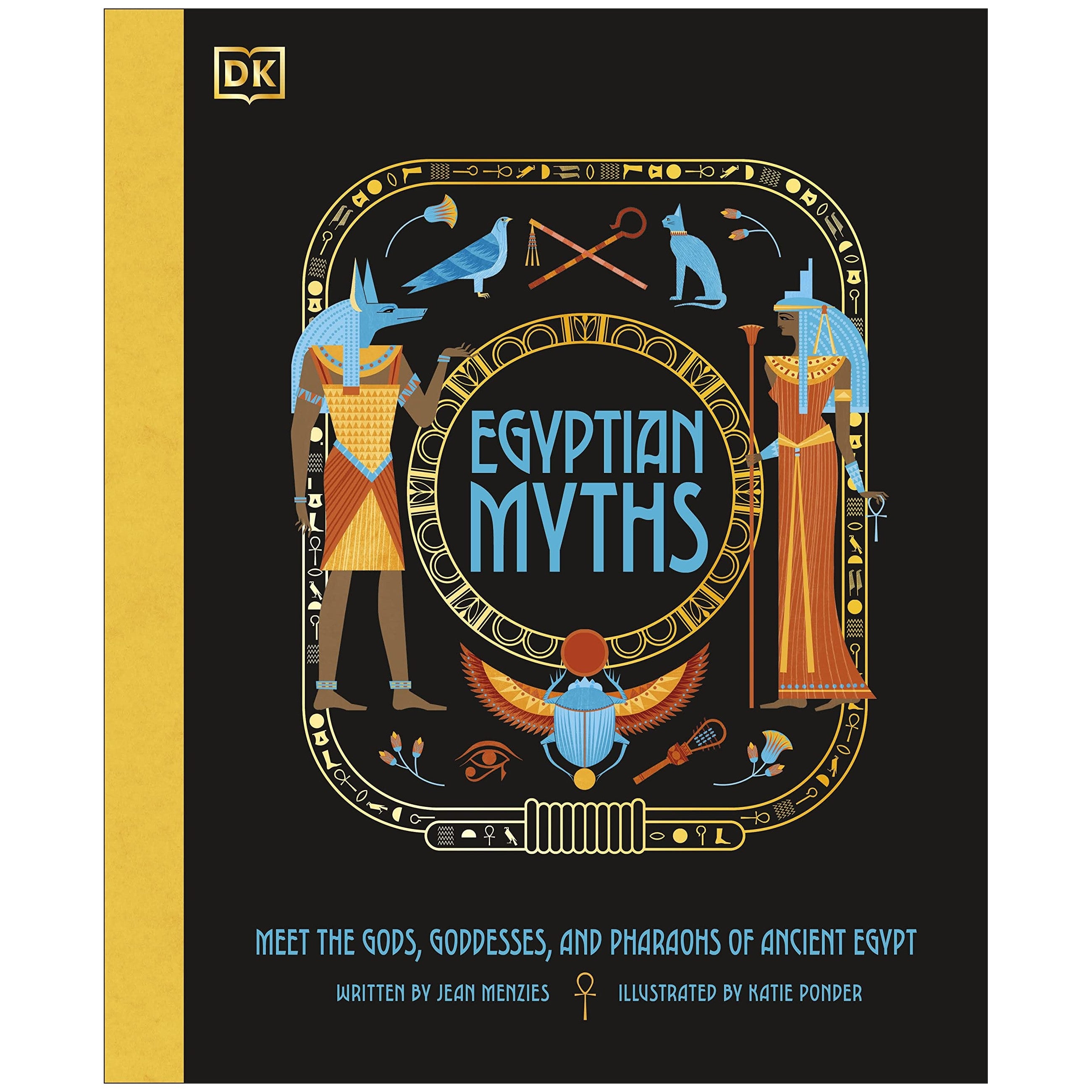 A book cover of 'Egyptian Myths: Meet The Gods, Goddesses, And Pharaohs of Ancient Egypt' featuring illustrations of ancient Egyptian deities and a pharaoh.