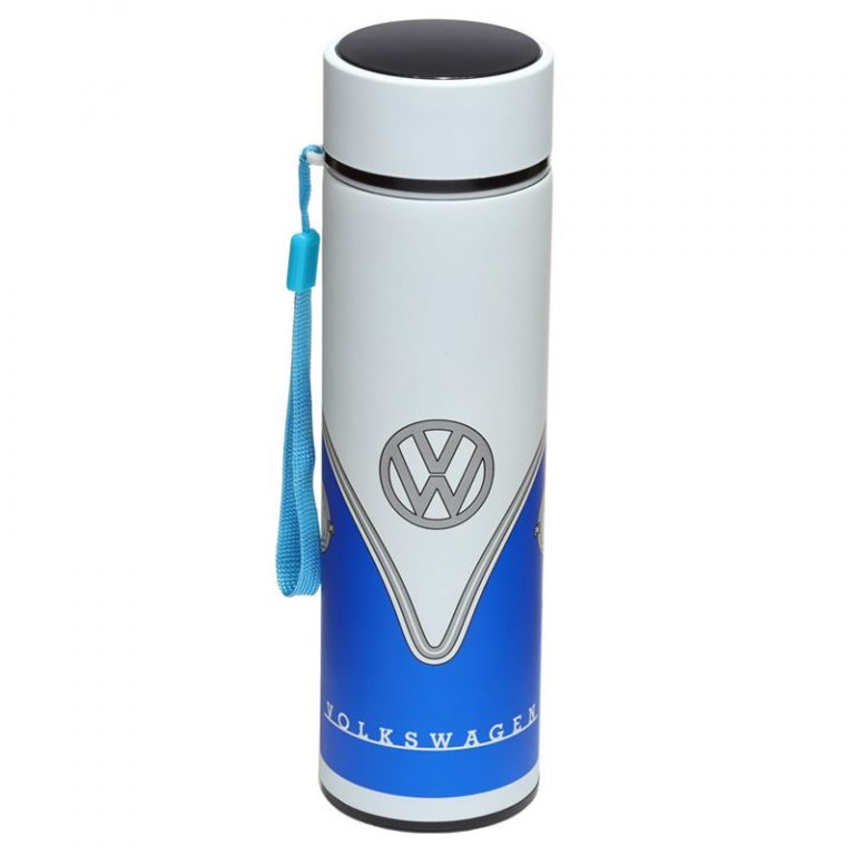 Volkswagen VW T1 Camper Reusable Stainless Steel Thermal Insulated Drinks Bottle With Digital Thermometer - Blue