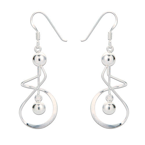 A pair of sterling silver drop earrings with a swirl design and a high shine polish finish.