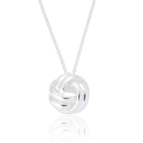A sterling silver double knot pendant necklace with a high polish finish, displayed on a silver chain.