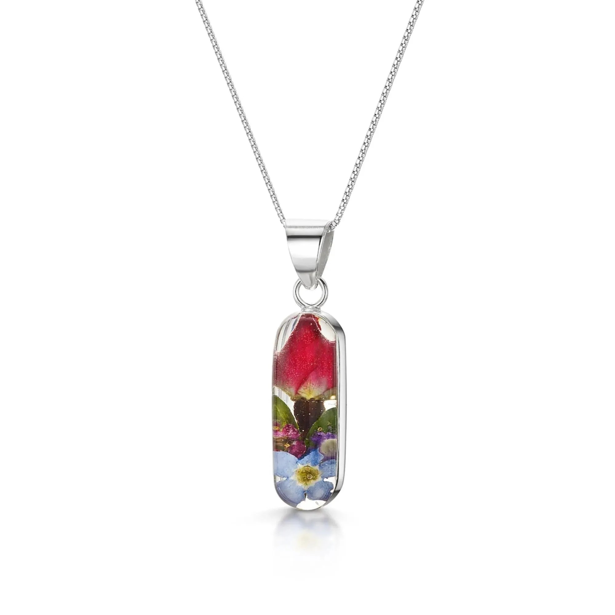Silver Vertical Bar Pendant - Mixed Flowers