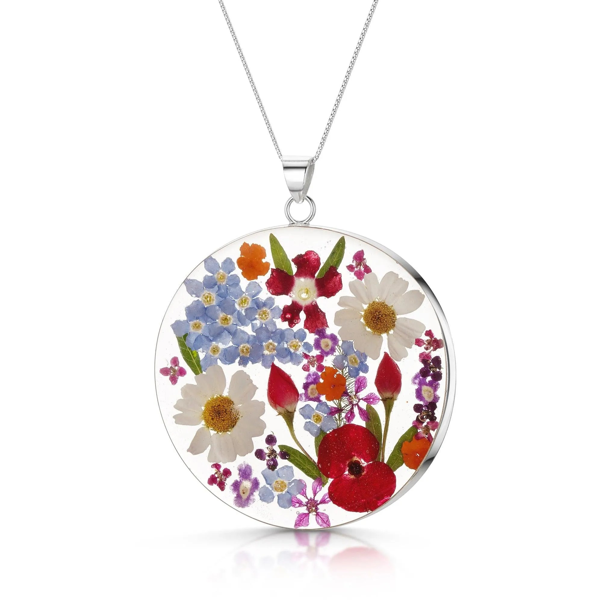 Silver Full Moon Pendant - Mixed Flowers