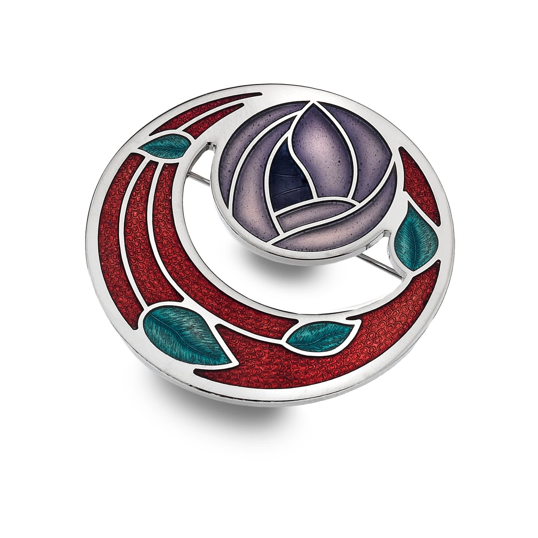 A Charles Rennie Mackintosh inspired brooch with a geometric rose and coils design, featuring blue and red enamel with a silver metal outline.