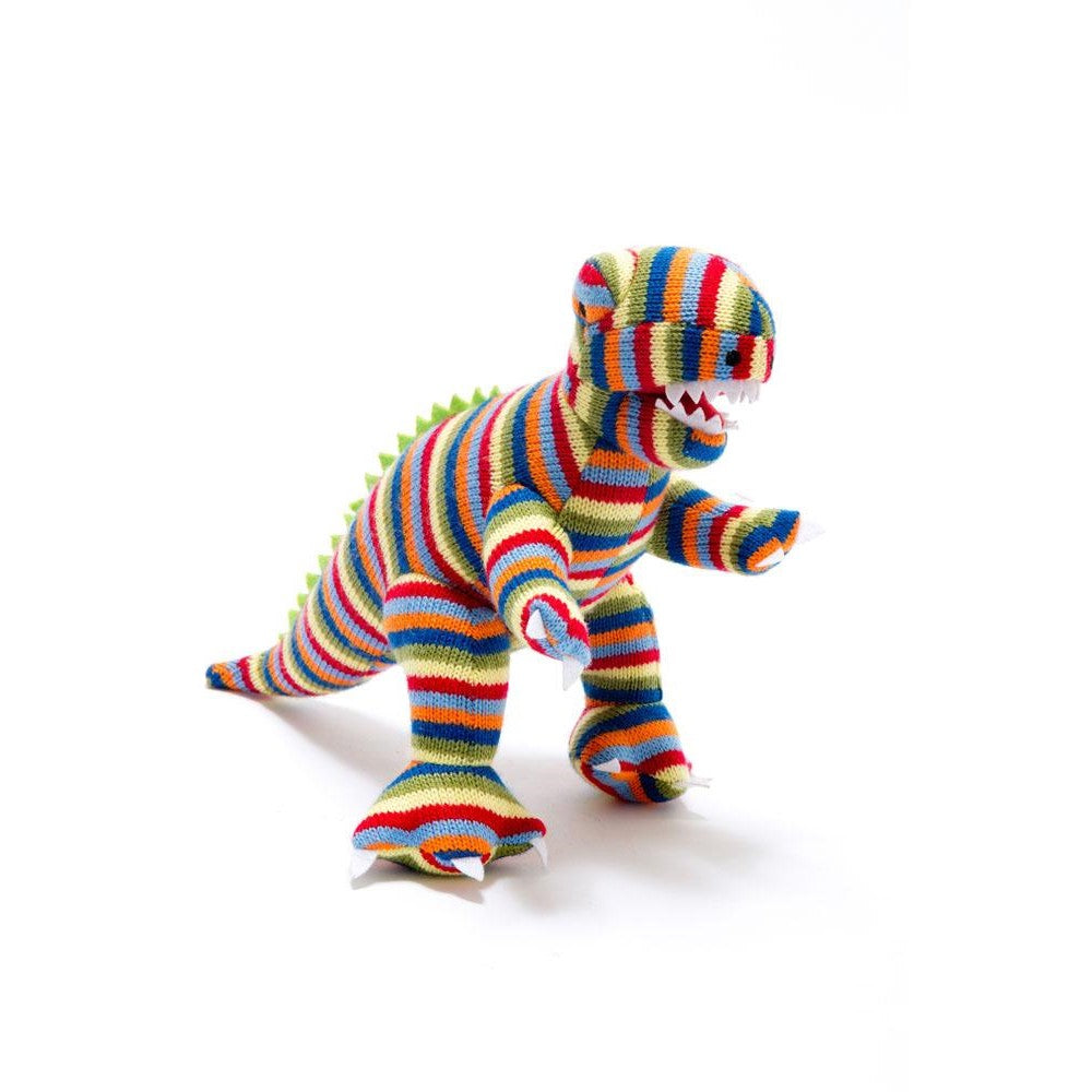 Knitted T Rex Soft Toy - Multicolour Stripes