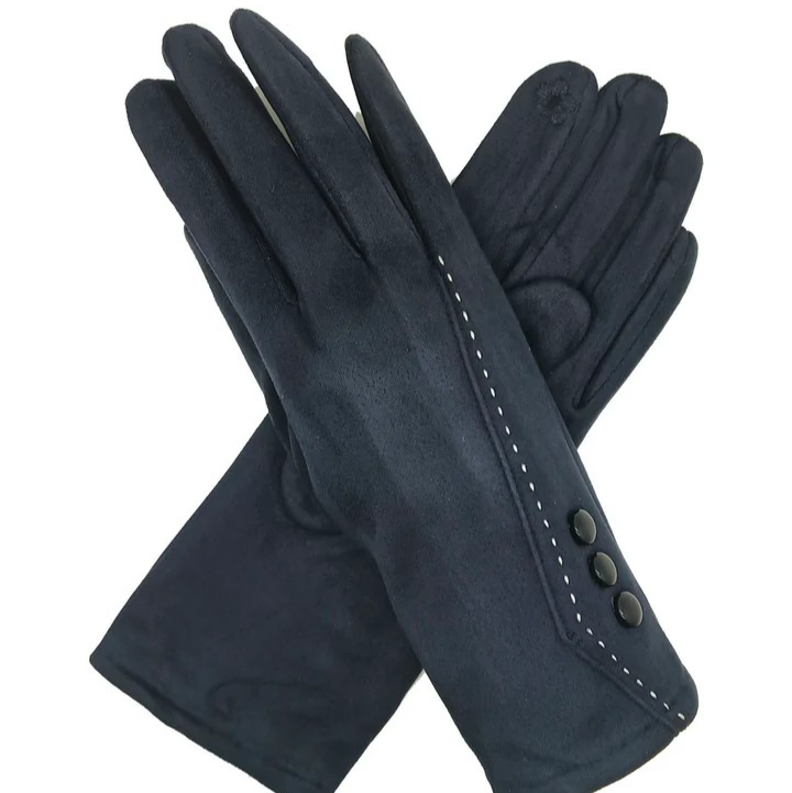 Pair of dark blue gloves with buttons on a white background