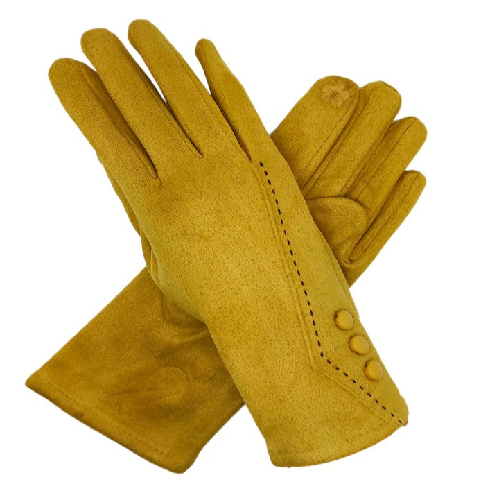 Pair of mustard yellow gloves with button details on a white background