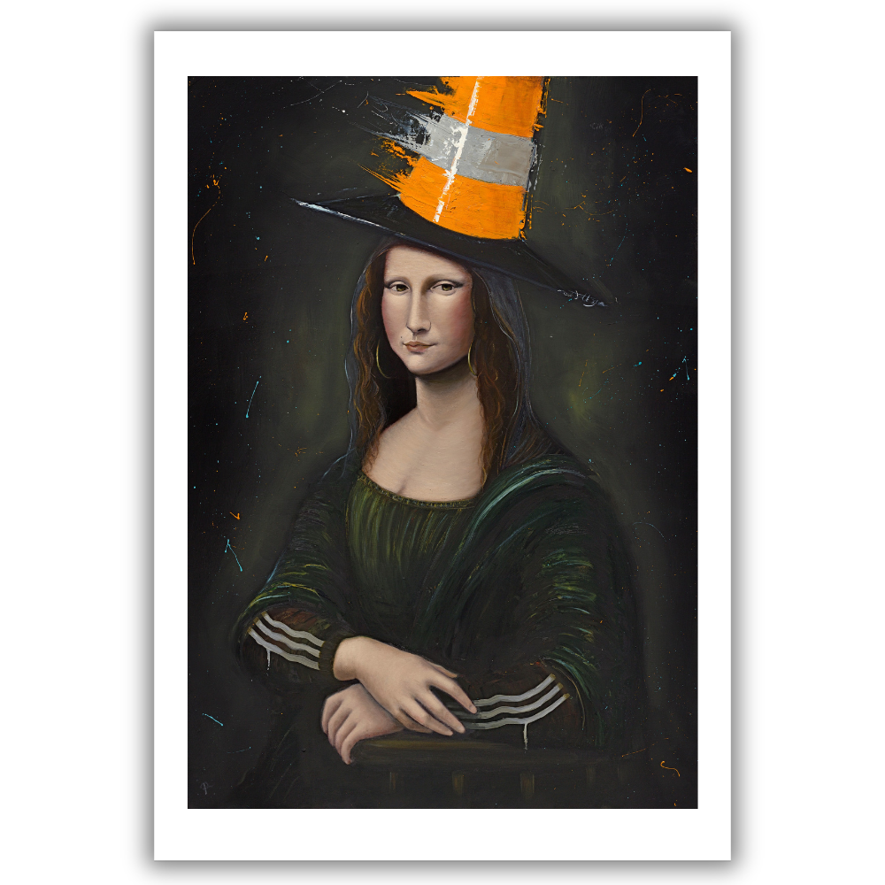 Mona Lisa with a traffic cone on her head