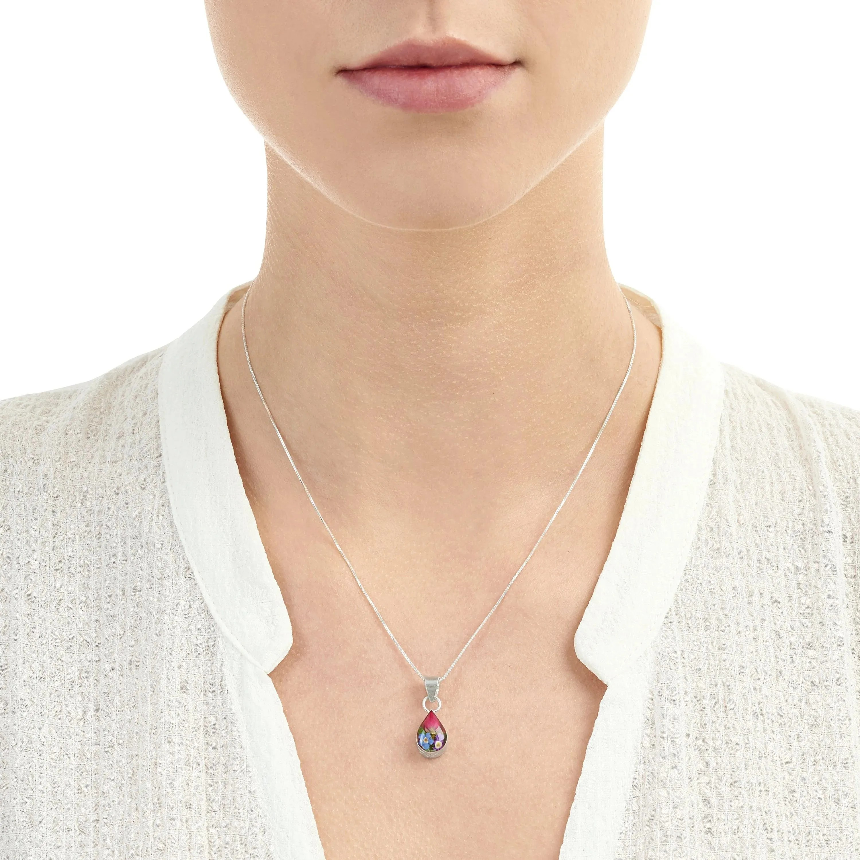 Silver Small Teardrop Pendant - Mixed Flowers