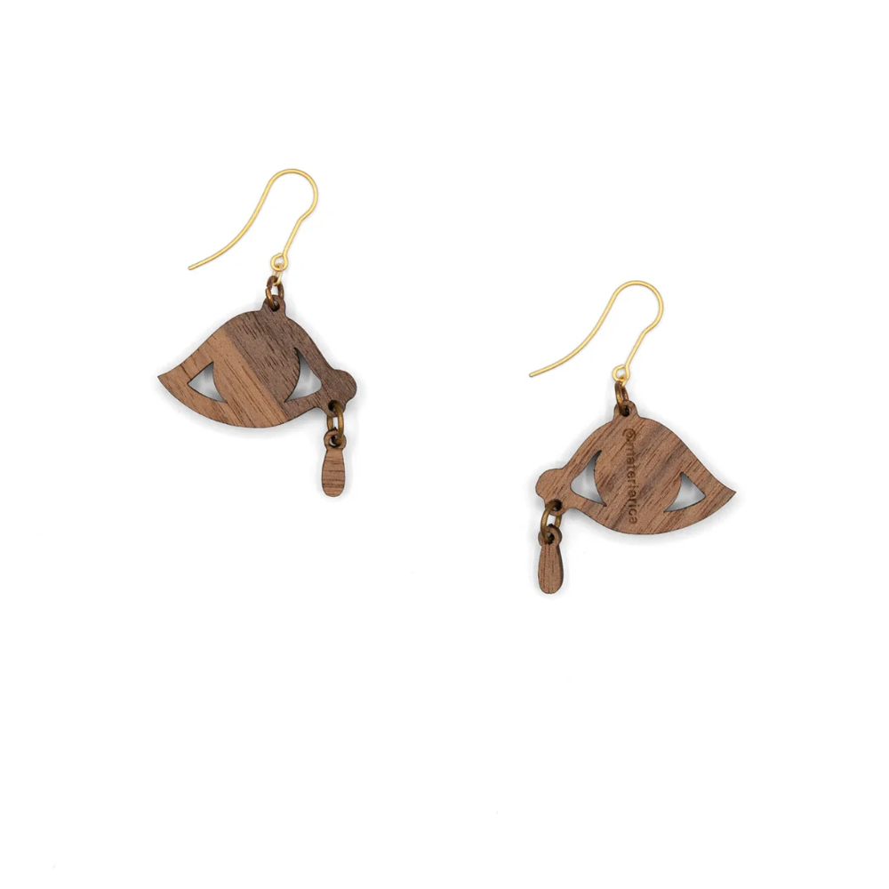 Wooden earrings with gold hooks on a white background