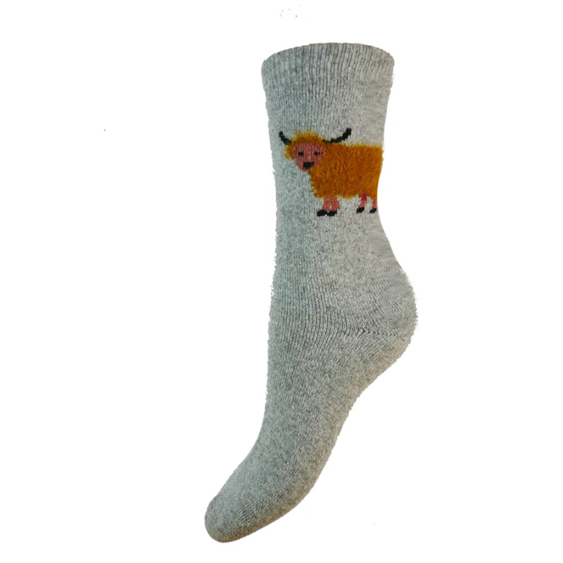 Fluffy Highland Cow Wool Blend Socks - Grey