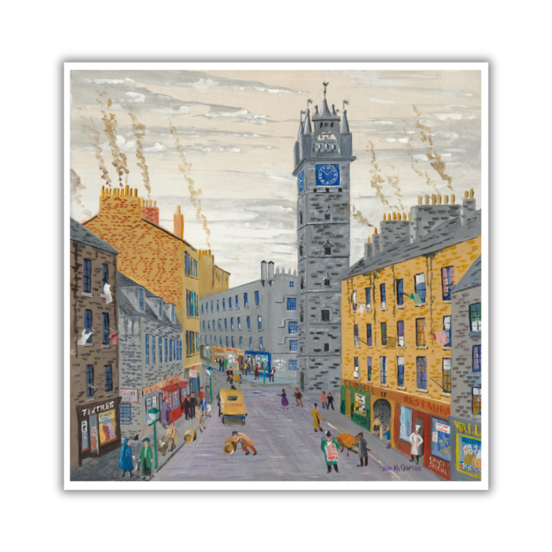 Tommy McGoran Glasgow Cross Limited Edition Print - Artistic illustration of Glasgow Cross featuring historic architecture and street scene