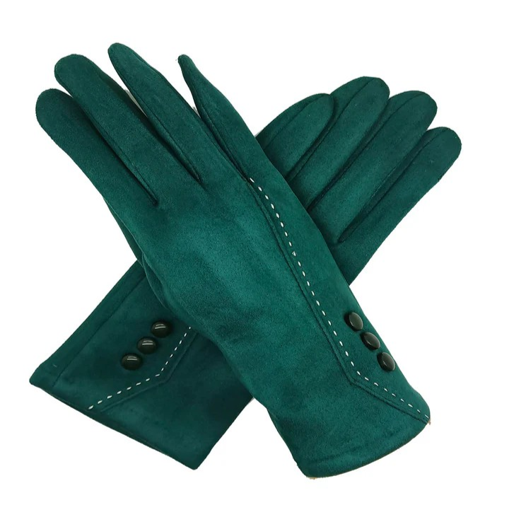Pair of green gloves with button details on a white background