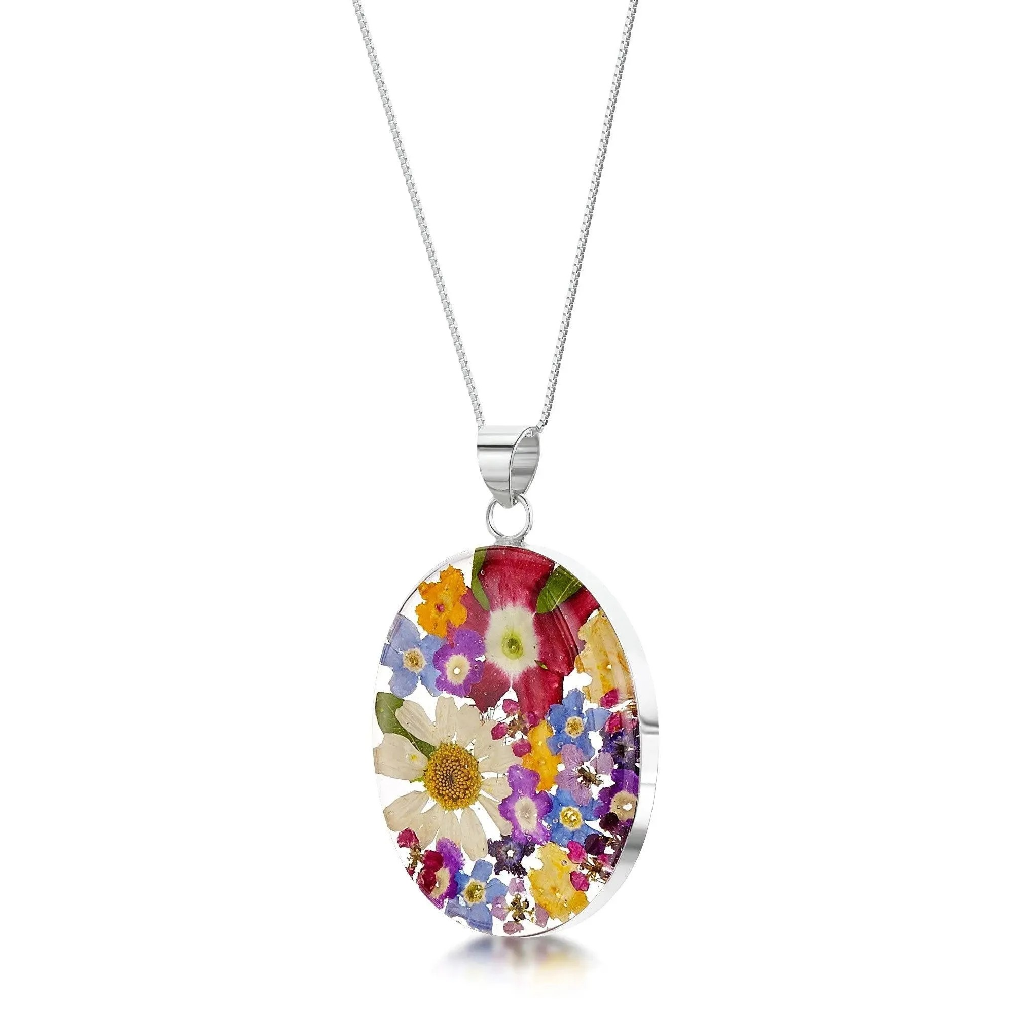Silver Oval Pendant - Mixed Flowers