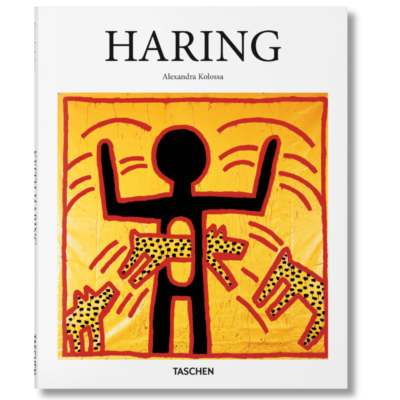 Cover of the book 'Haring' by Alexandra Kolossa, featuring a well-known piece of art by Keith Haring with a figure and geometric patterns.