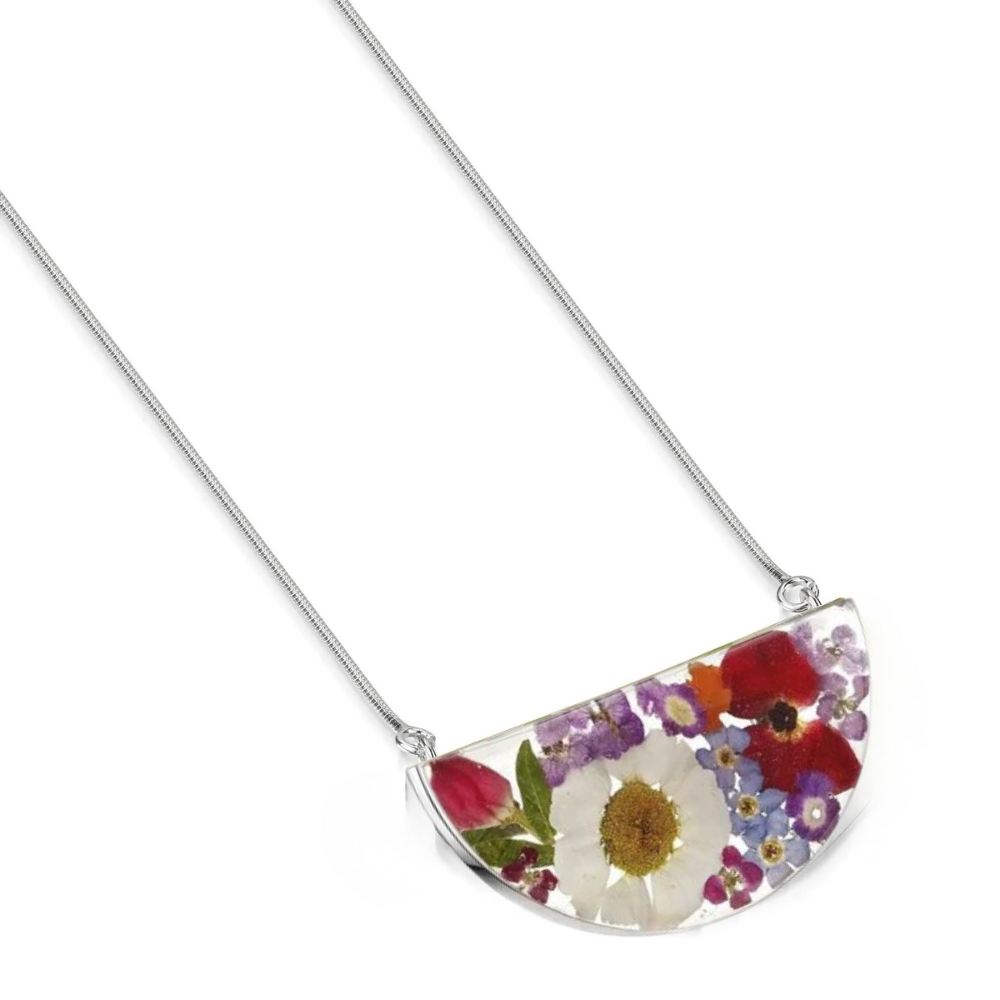 Silver Half Moon Pendant - Mixed Flowers