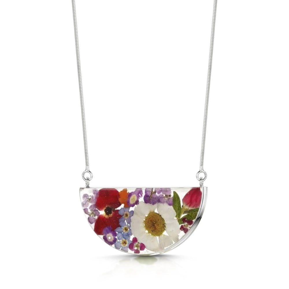 Silver Half Moon Pendant - Mixed Flowers