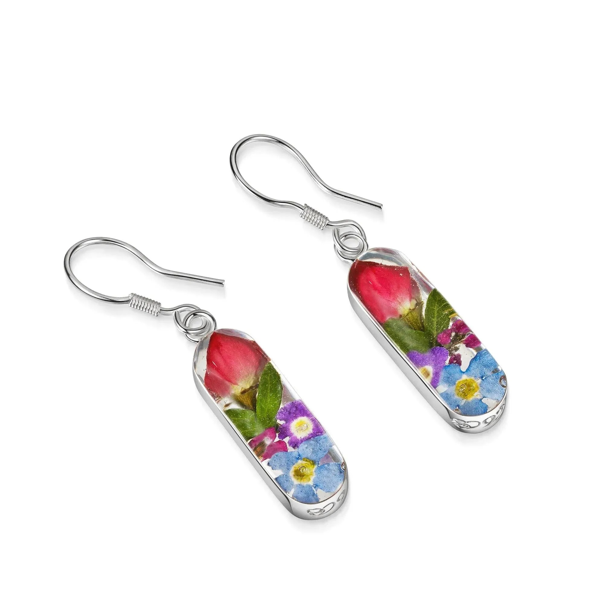 Silver Vertical Bar Earrings - Mixed Flowers