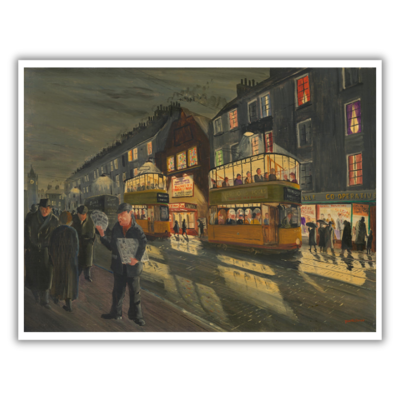 Tommy McGoran The News Vendor Glasgow street scene print, limited edition signed and numbered artwork.