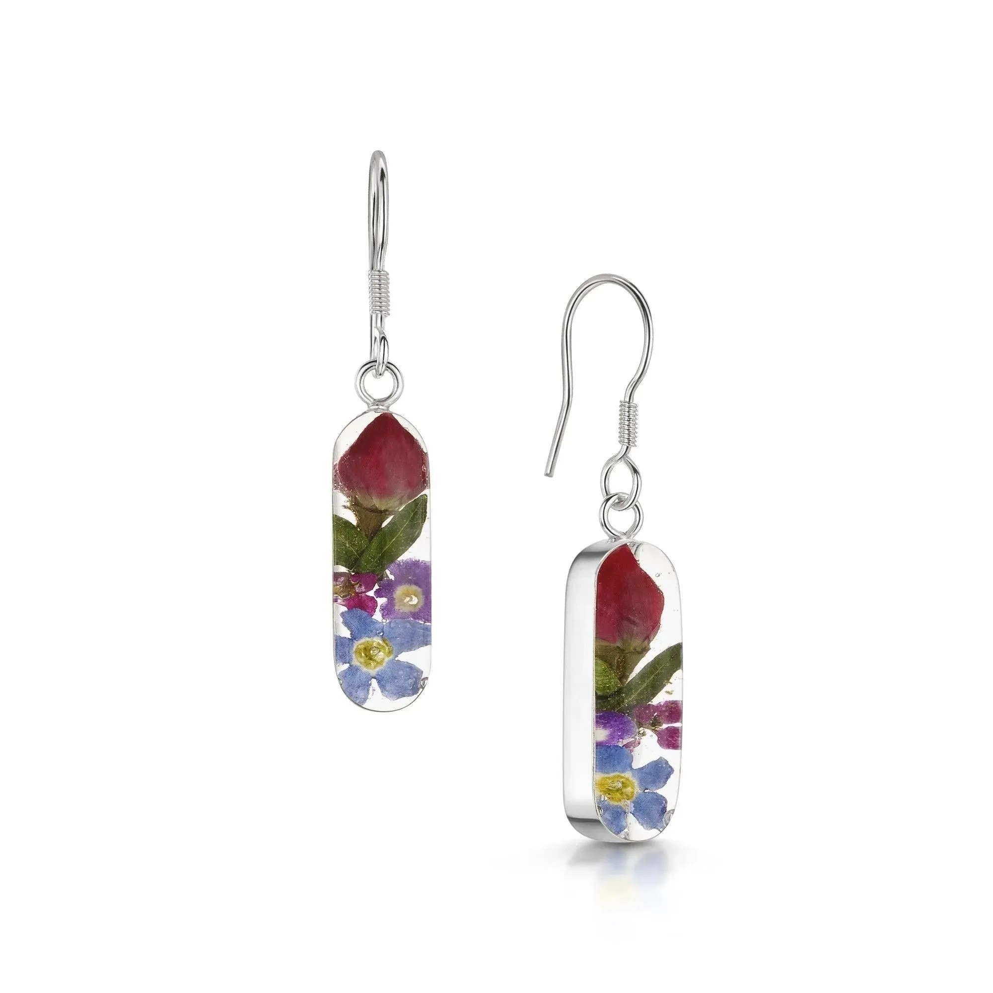 Silver Vertical Bar Earrings - Mixed Flowers