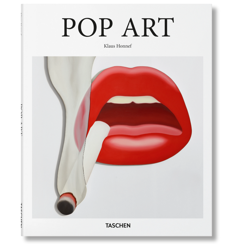 Cover of the book 'Pop Art' by Klaus Honnef, featuring a close-up of a stylized mouth with a red lip and a cigarette, evocative of pop art style.