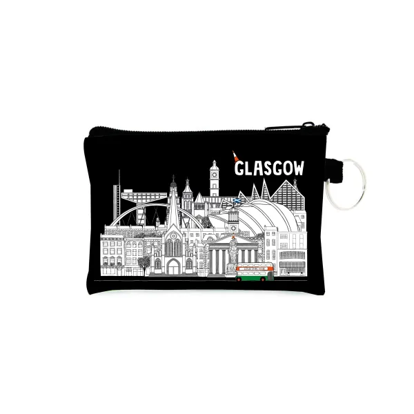 A black coin purse with a white illustration of Glasgow's iconic landmarks and the word 'GLASGOW' written across the top.