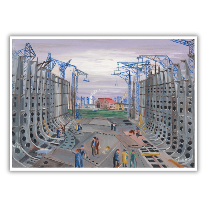 Tommy McGoran Shipbuilding print of Glasgow shipyards, limited edition signed and numbered artwork.