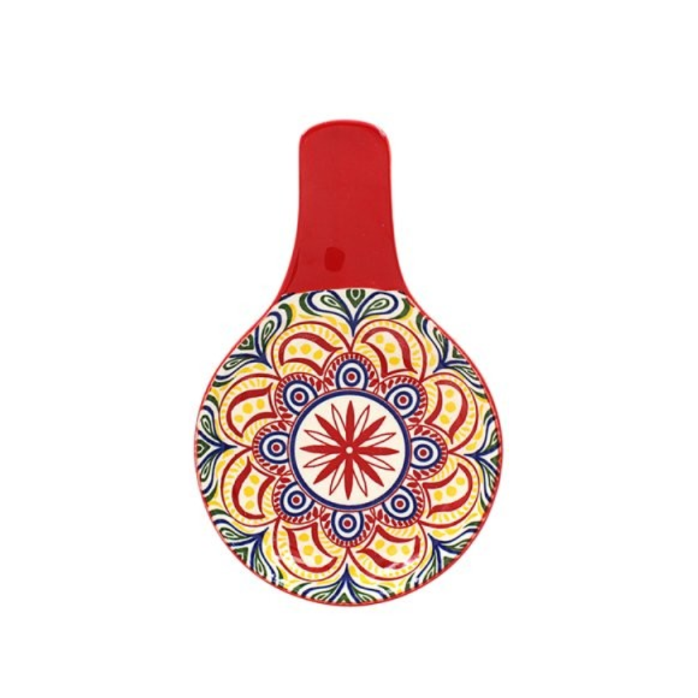 Colorful circular design with a red handle on a white background