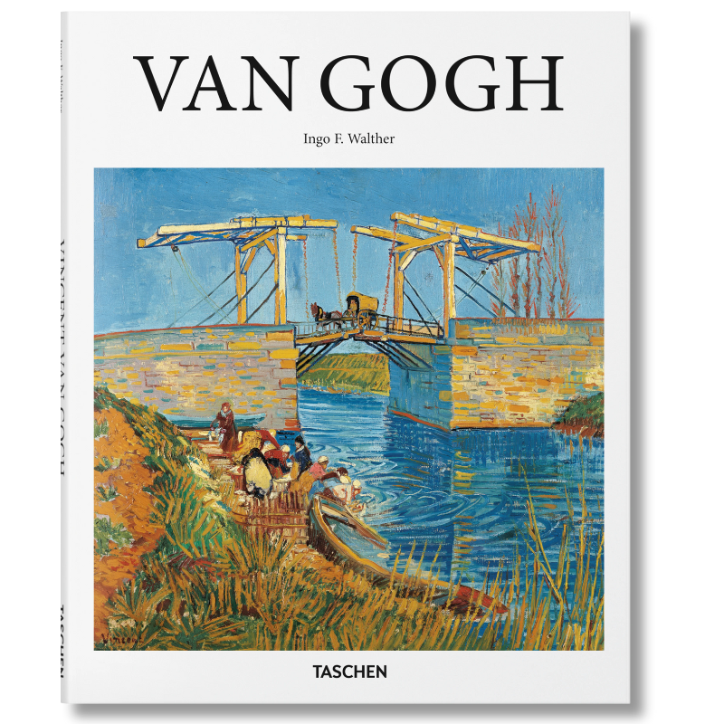Cover of the book 'Van Gogh: Taschen' featuring an artistic depiction of a bridge over a river with figures on it, indicative of van Gogh's style.