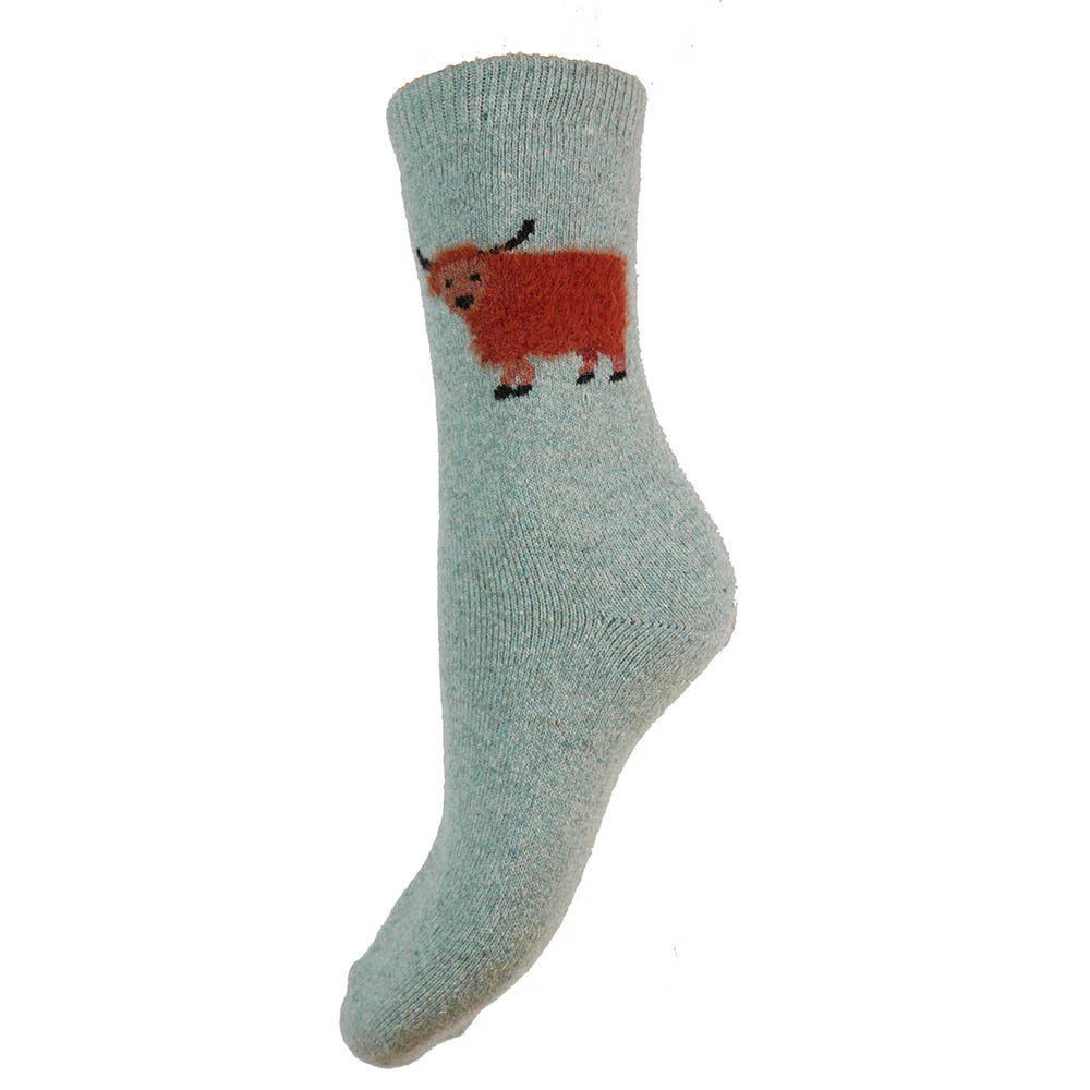 Fluffy Highland Cow Wool Blend Socks - Light Blue