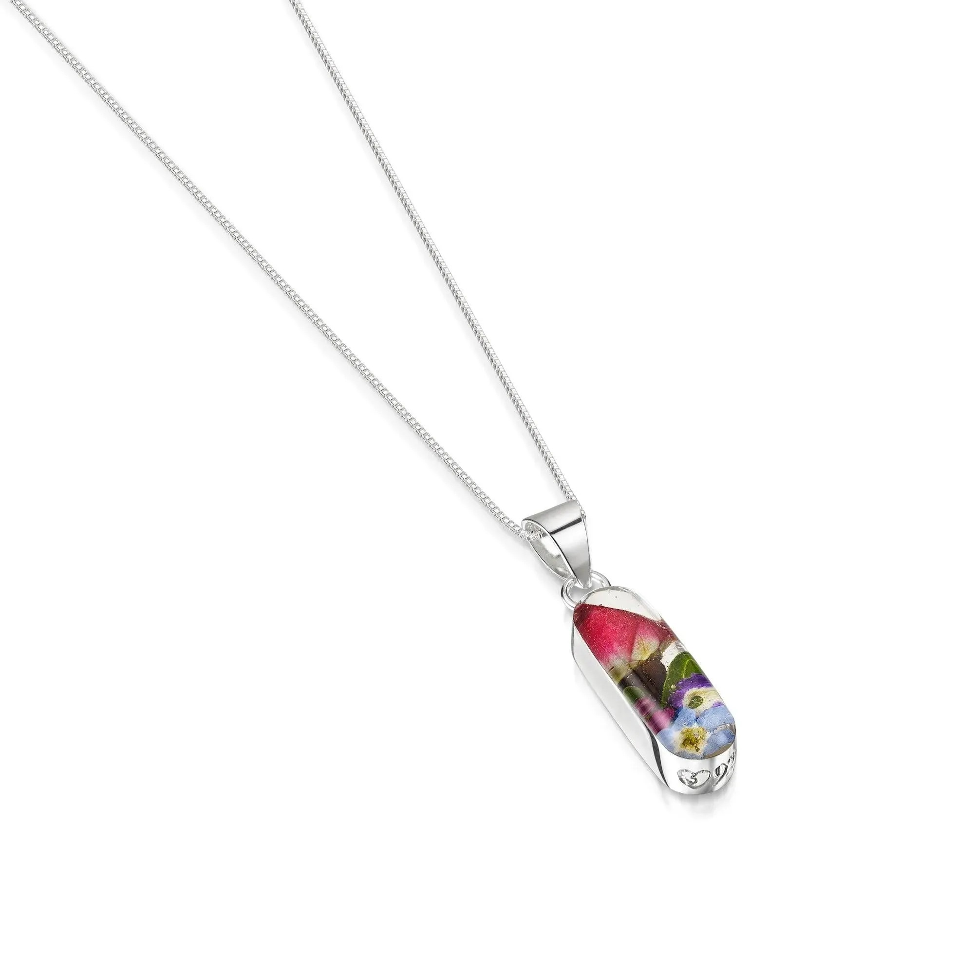 Silver Vertical Bar Pendant - Mixed Flowers