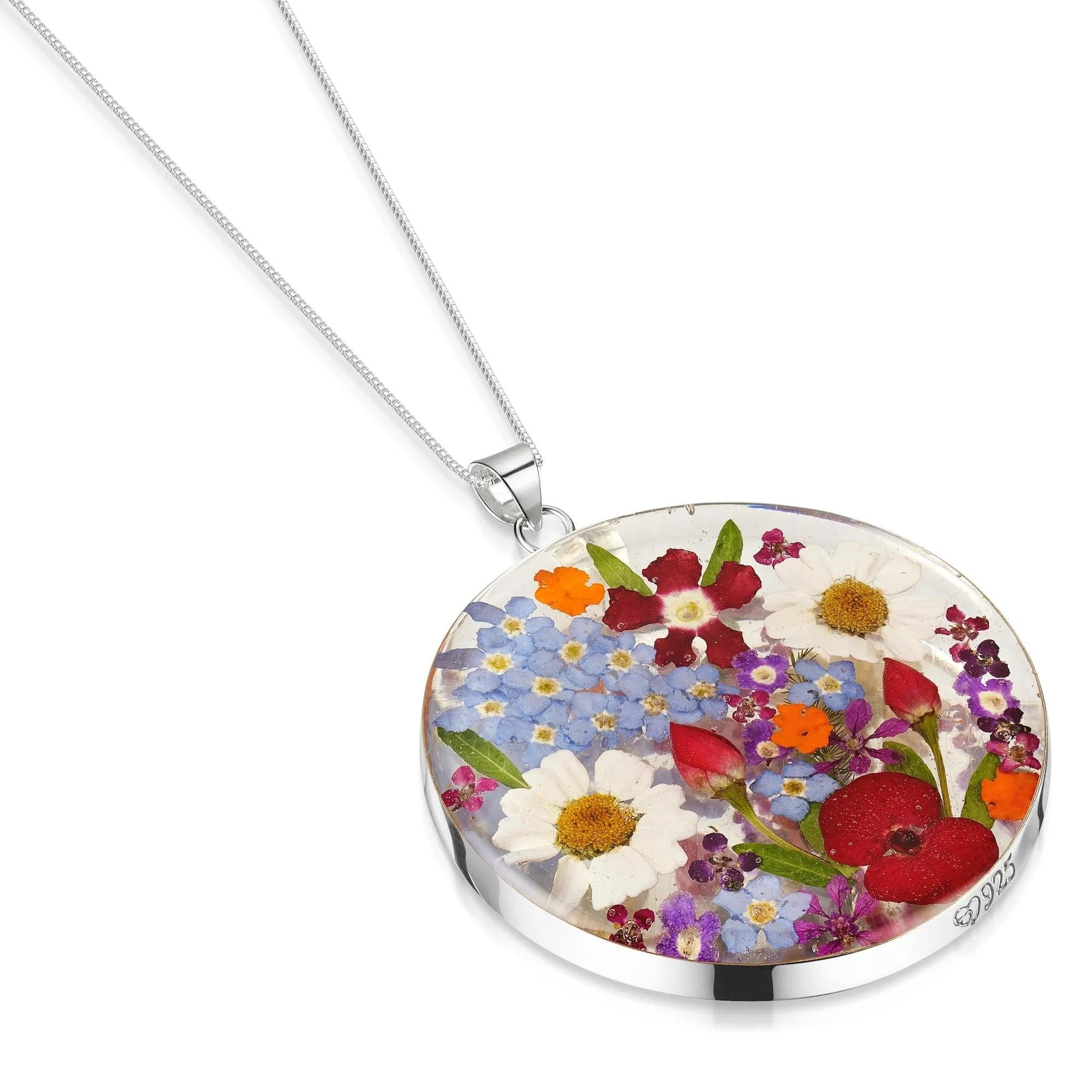 Silver Full Moon Pendant - Mixed Flowers