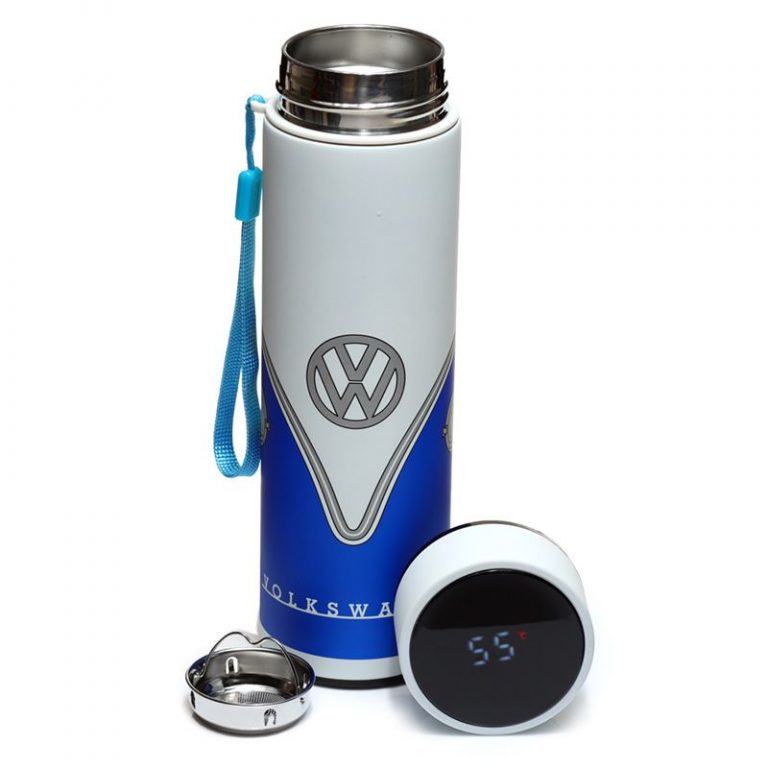 Volkswagen VW T1 Camper Reusable Stainless Steel Thermal Insulated Drinks Bottle With Digital Thermometer - Blue